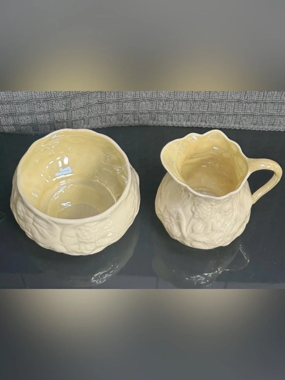 MCM Belleek White Lotus China Creamer 8 Sugar Set Glossy Model 0857 Green Mark